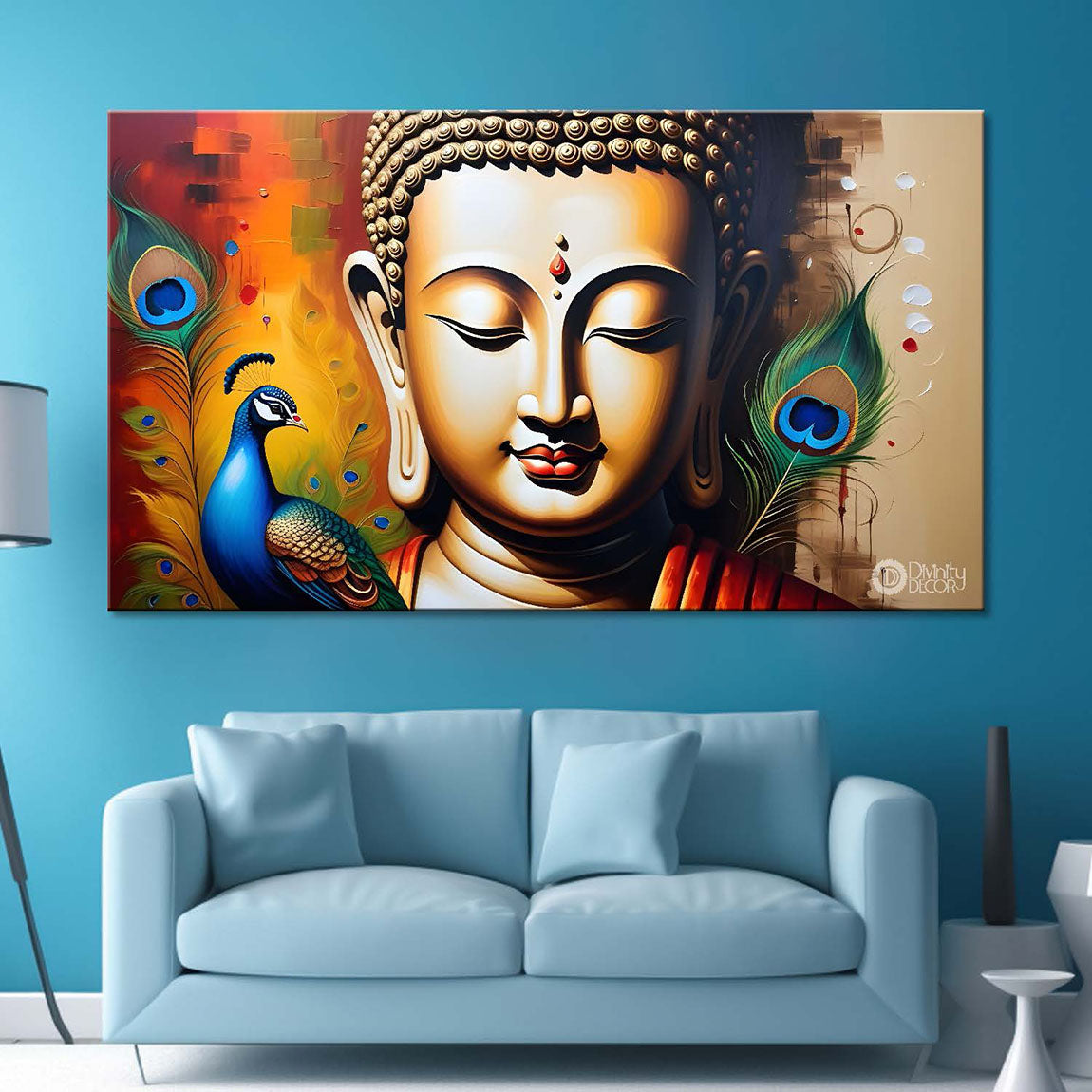 Golden buddha with peacock feather and orange textured background painting Canvas Wall Painting - Buddha-365