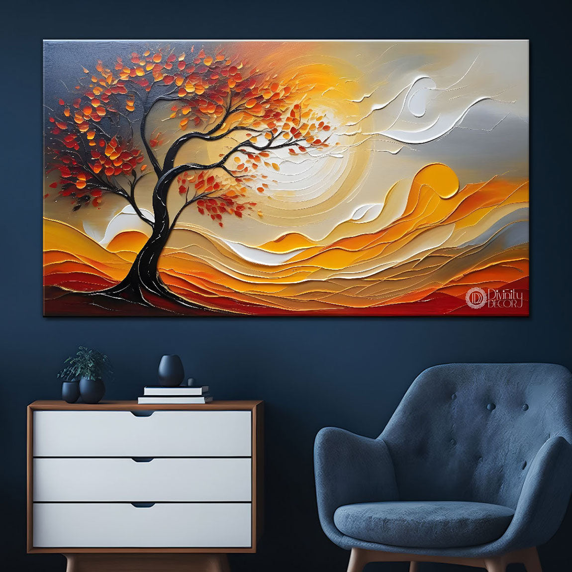 Orange tree with sun painting Canvas Painting - Nature Art -365
