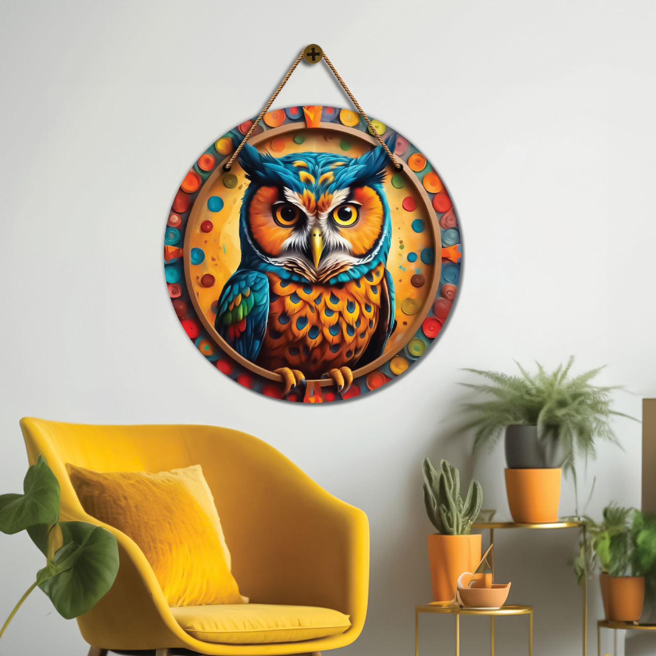 Owl in colorful floral mandala Round Wooden Wall Hanging for wall Décor - Design - 365