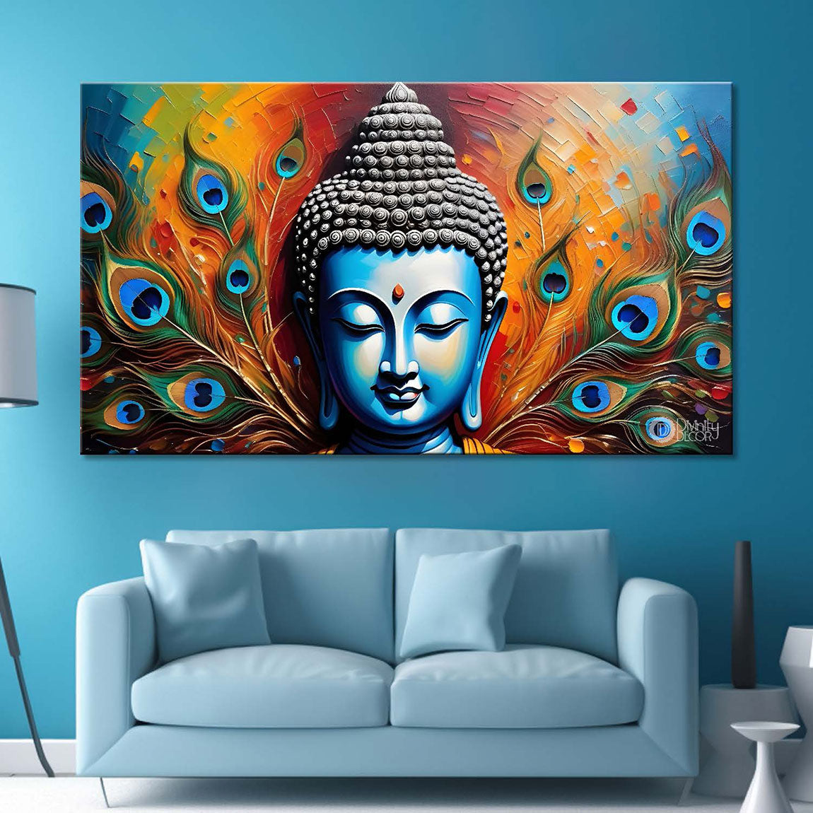 Golden buddha with peacock feather and orange textured background painting Canvas Wall Painting - Buddha-366