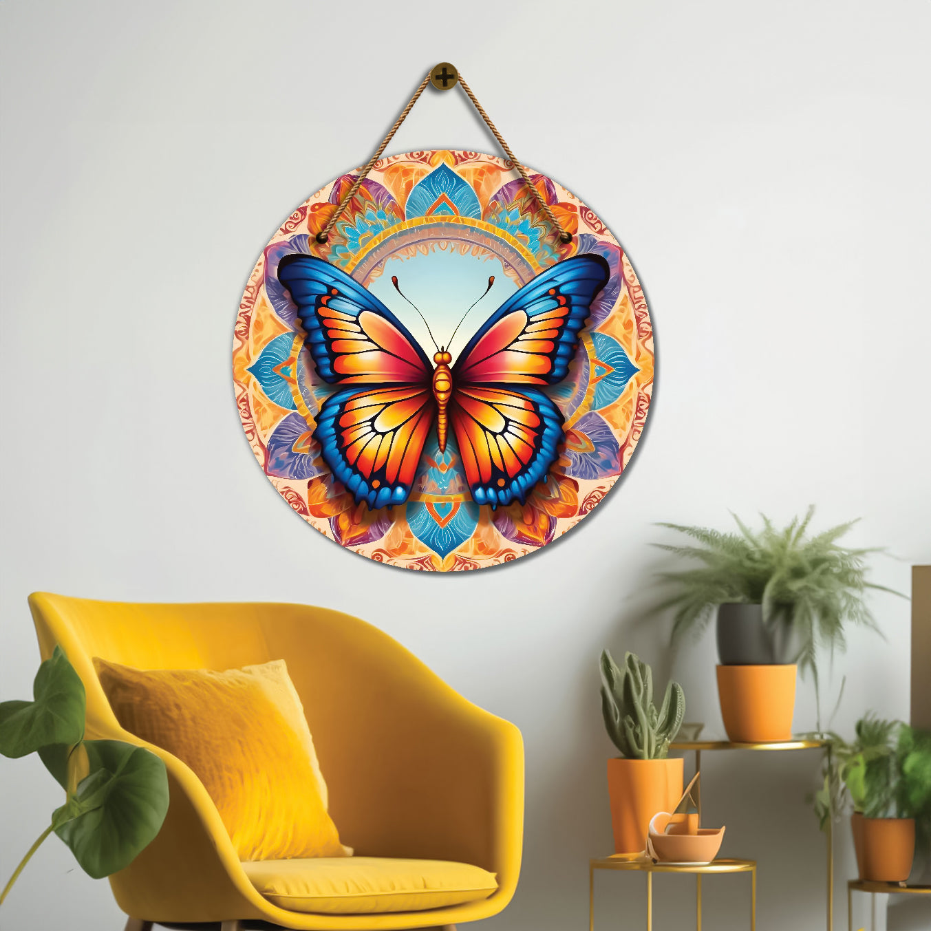 Butterfly in blue and floral mandala Round Wooden Wall Hanging for wall Décor - Design - 366
