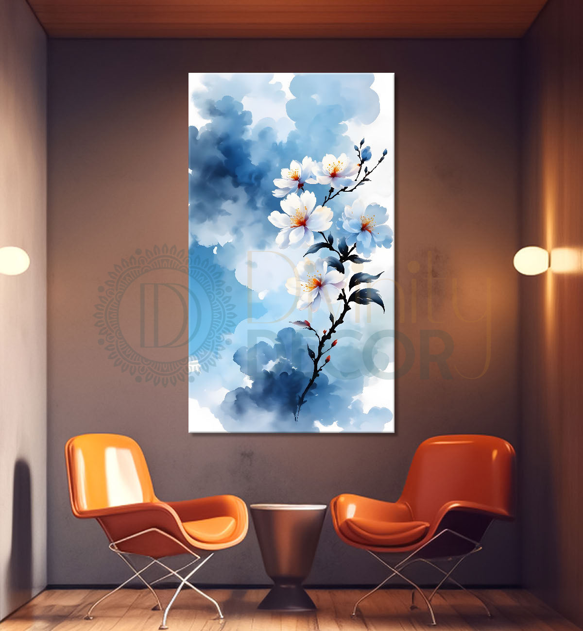 White flowers in cloudy textured background painting- Flower-V-366