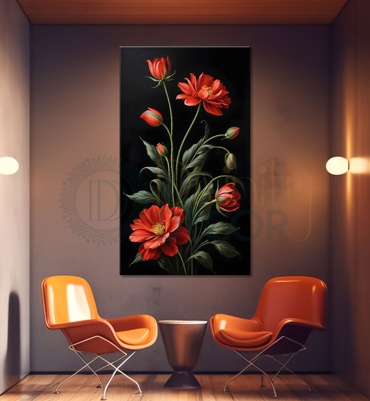 Red flowers in dark textured background painting- Flower-V-367