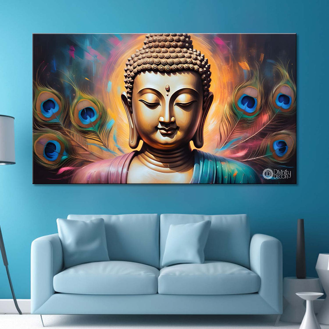 Golden buddha with peacock feather and yellow textured background painting Canvas Wall Painting - Buddha-368