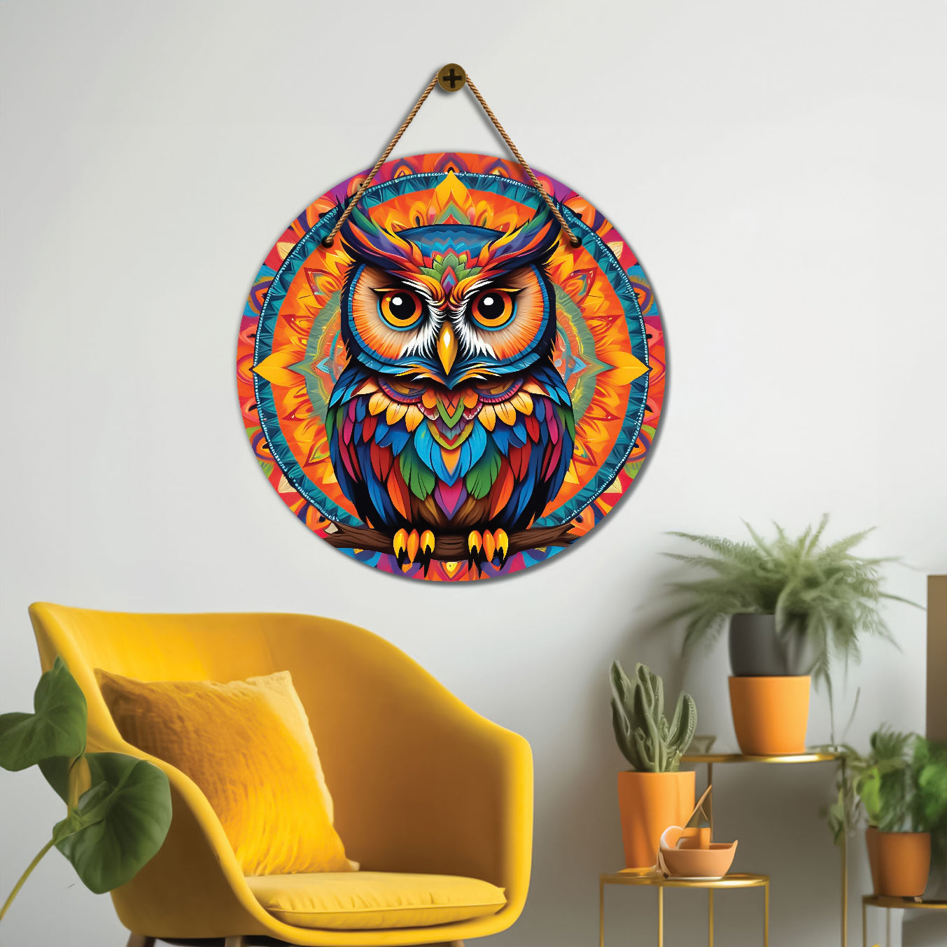 Owl in colorful floral mandala Round Wooden Wall Hanging for wall Décor - Design - 368