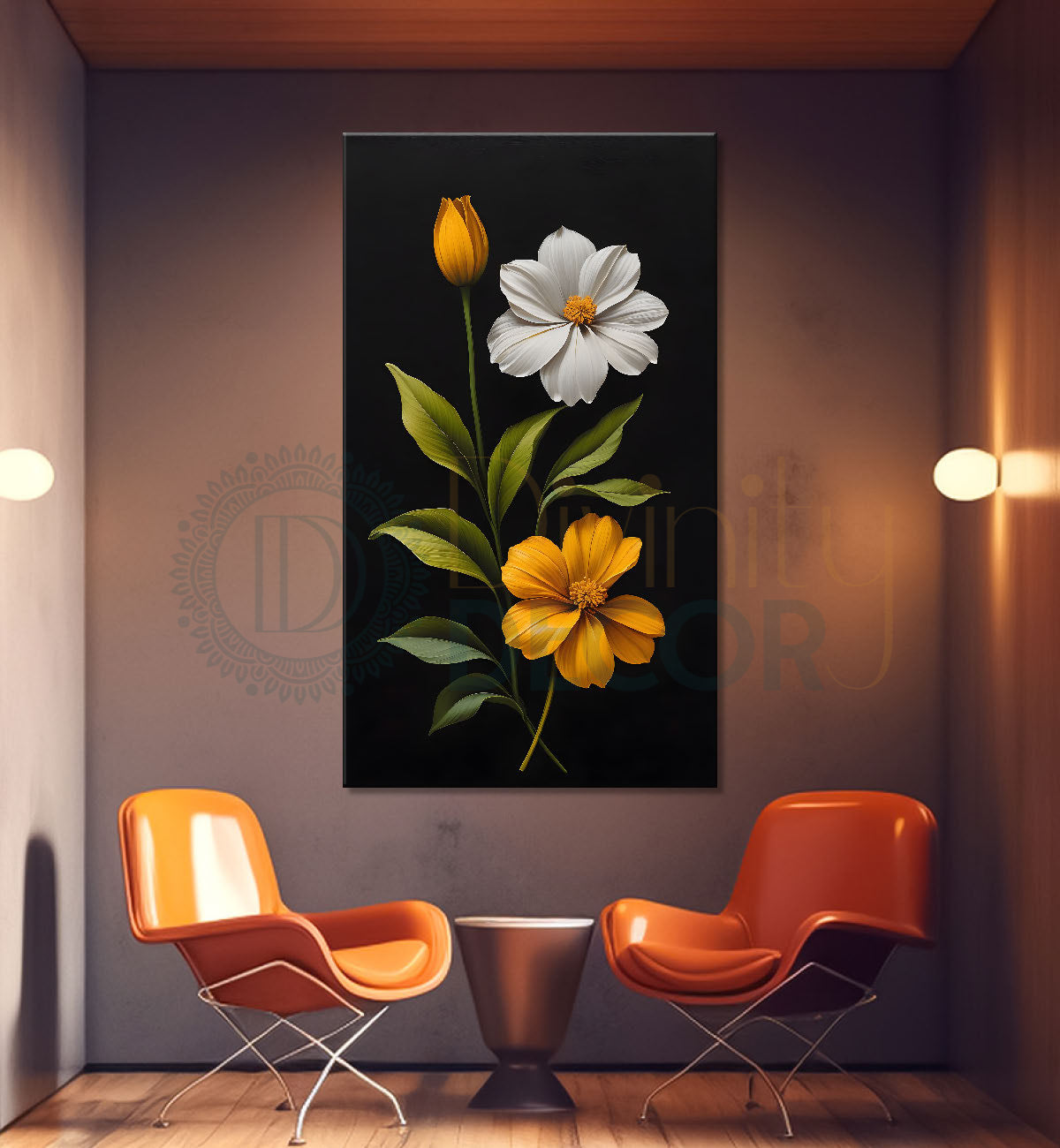 Orange and white in dark textured background painting- Flower-V-369