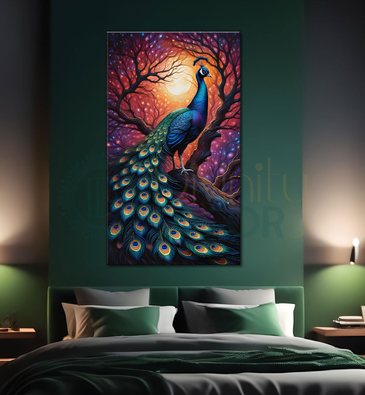 Peacock on branch in front of moon with sunset background modern art painting  - Design - Peacock-V-36