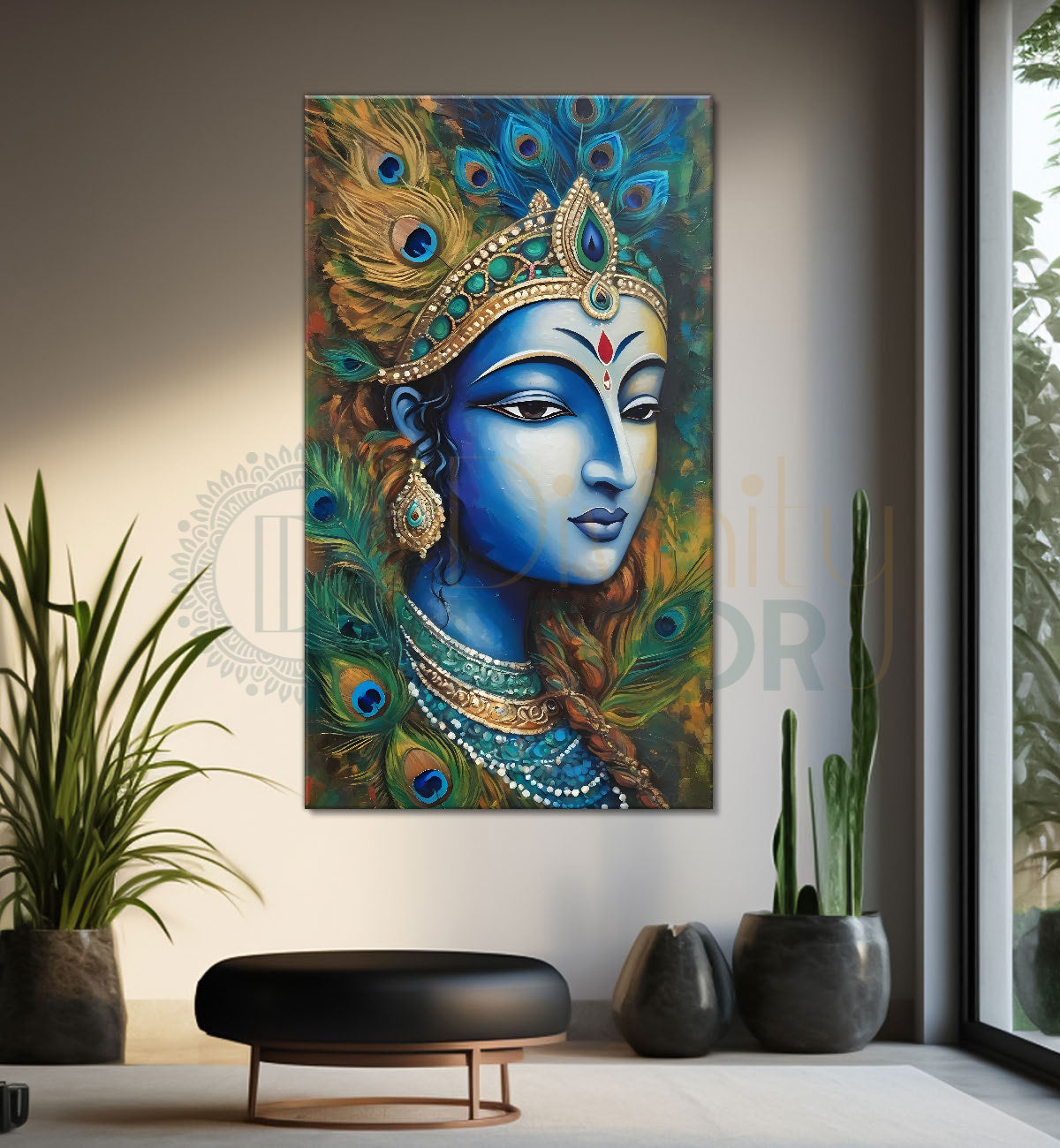 Blue face of krishna in peacock feathers background textured art Canvas Painting - Design - Krishna-V-36