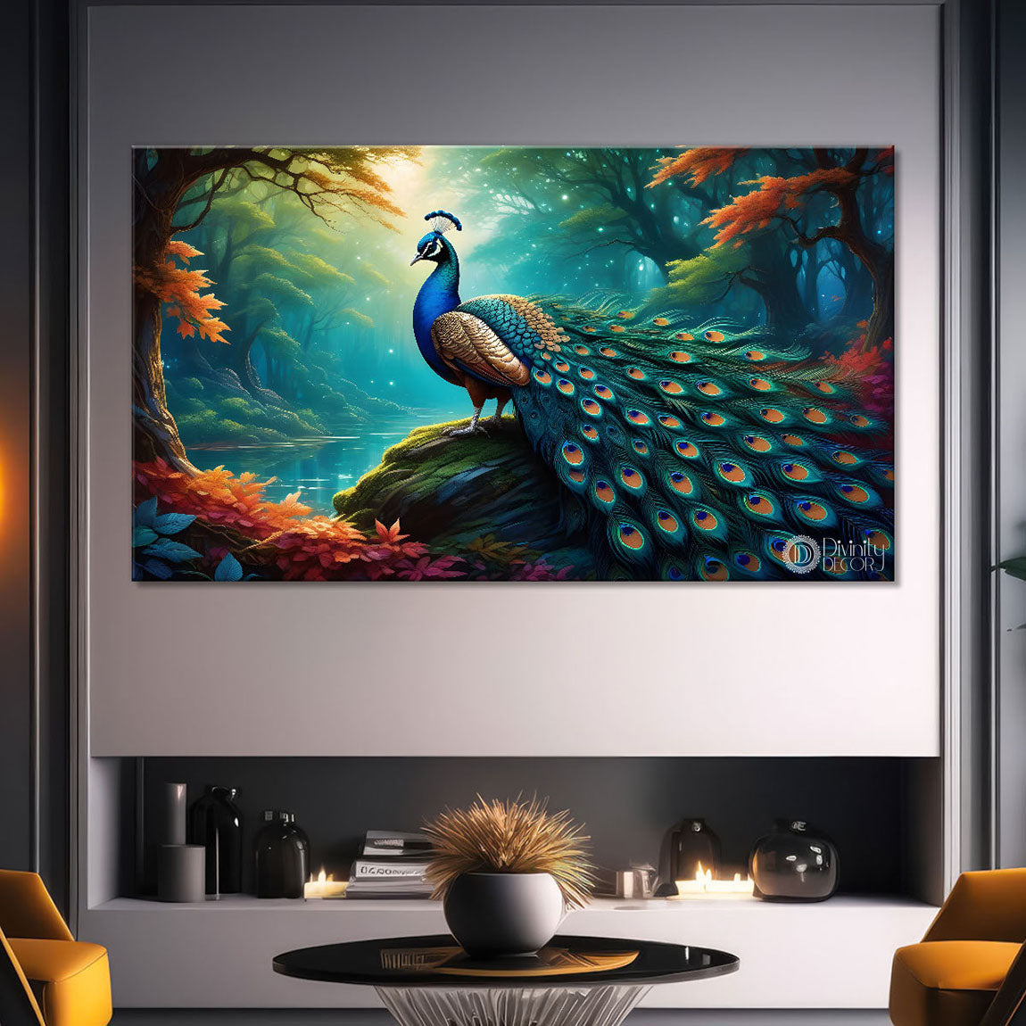 Peacock in bright green colors oil painting Canvas Painting - Design - Peacock-37