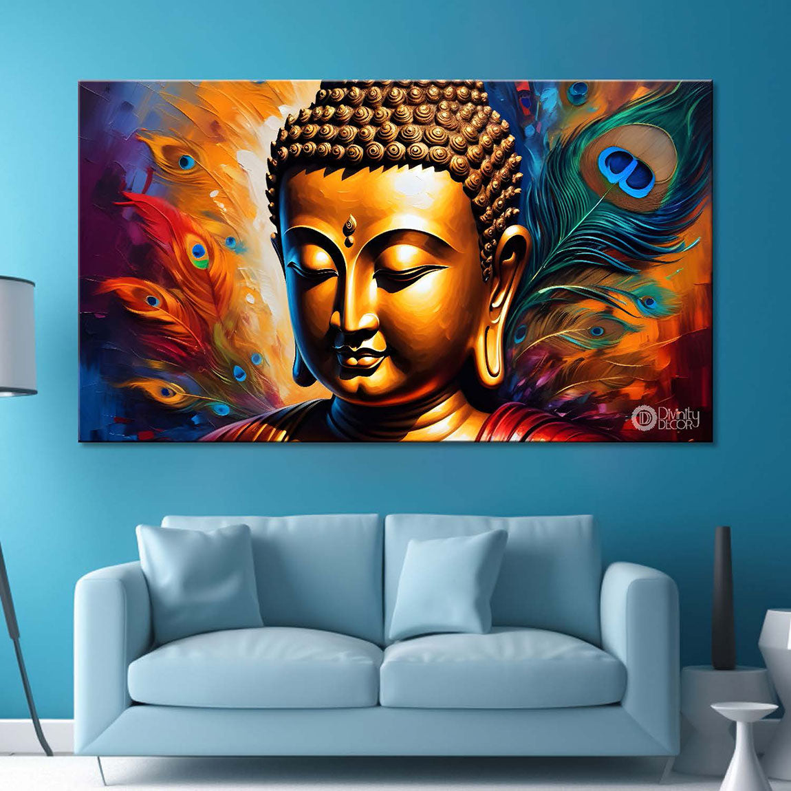 Golden buddha with peacock feather and orange textured background painting Canvas Wall Painting - Buddha-370