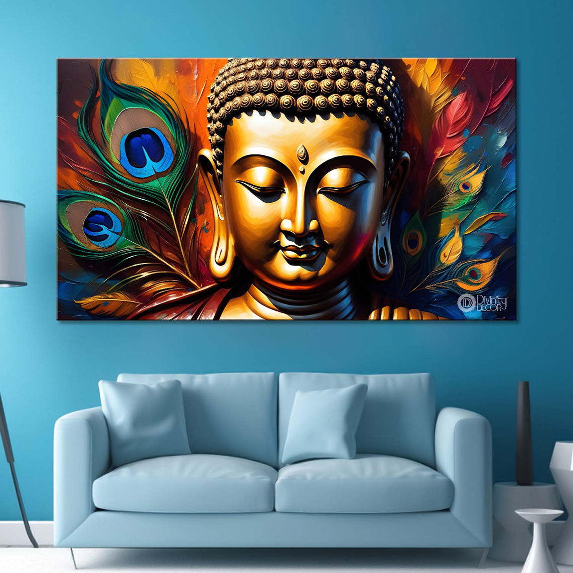 Golden buddha with peacock feather and orange textured background painting Canvas Wall Painting - Buddha-371