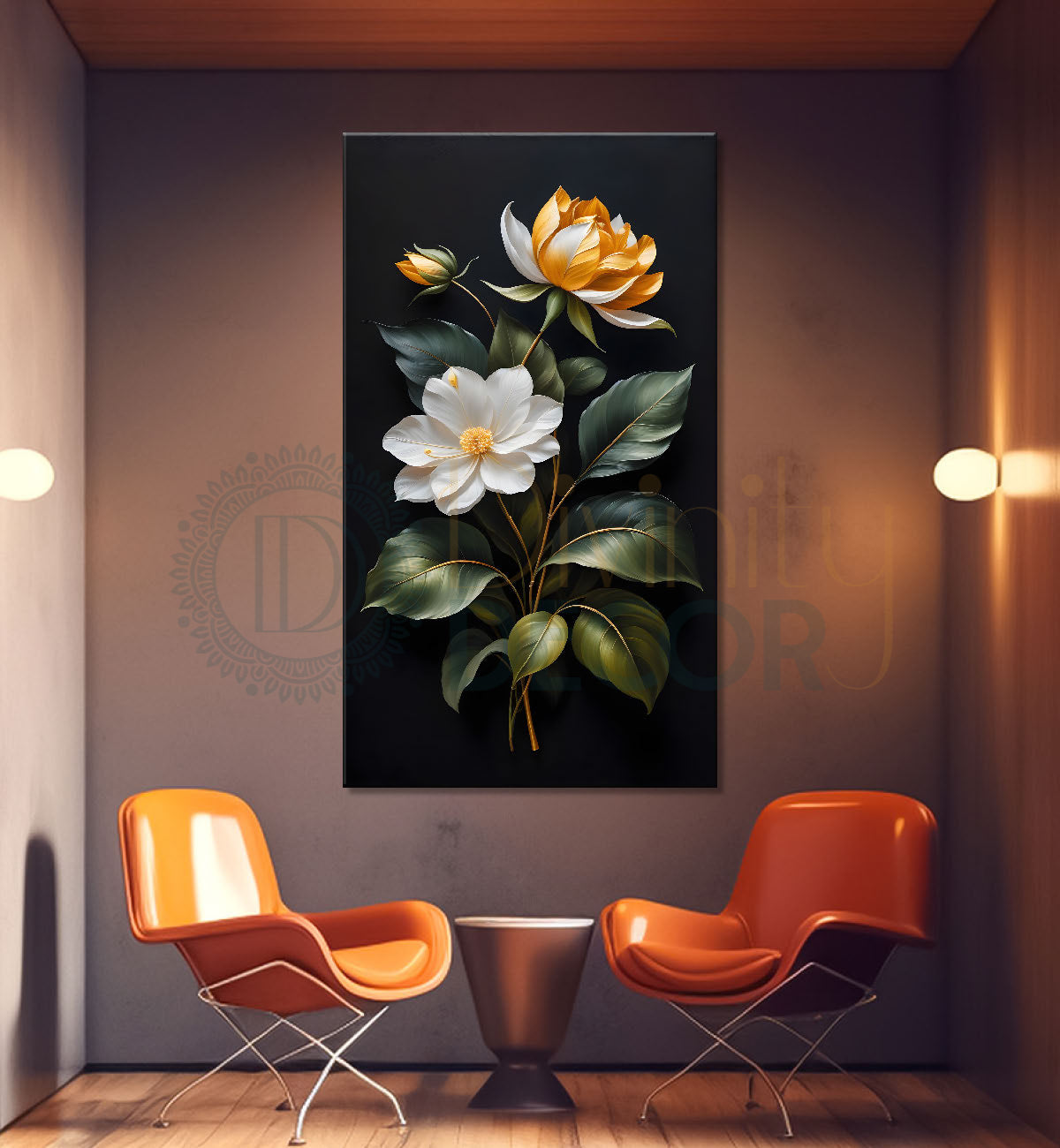 Yellow and white in dark textured background painting- Flower-V-371