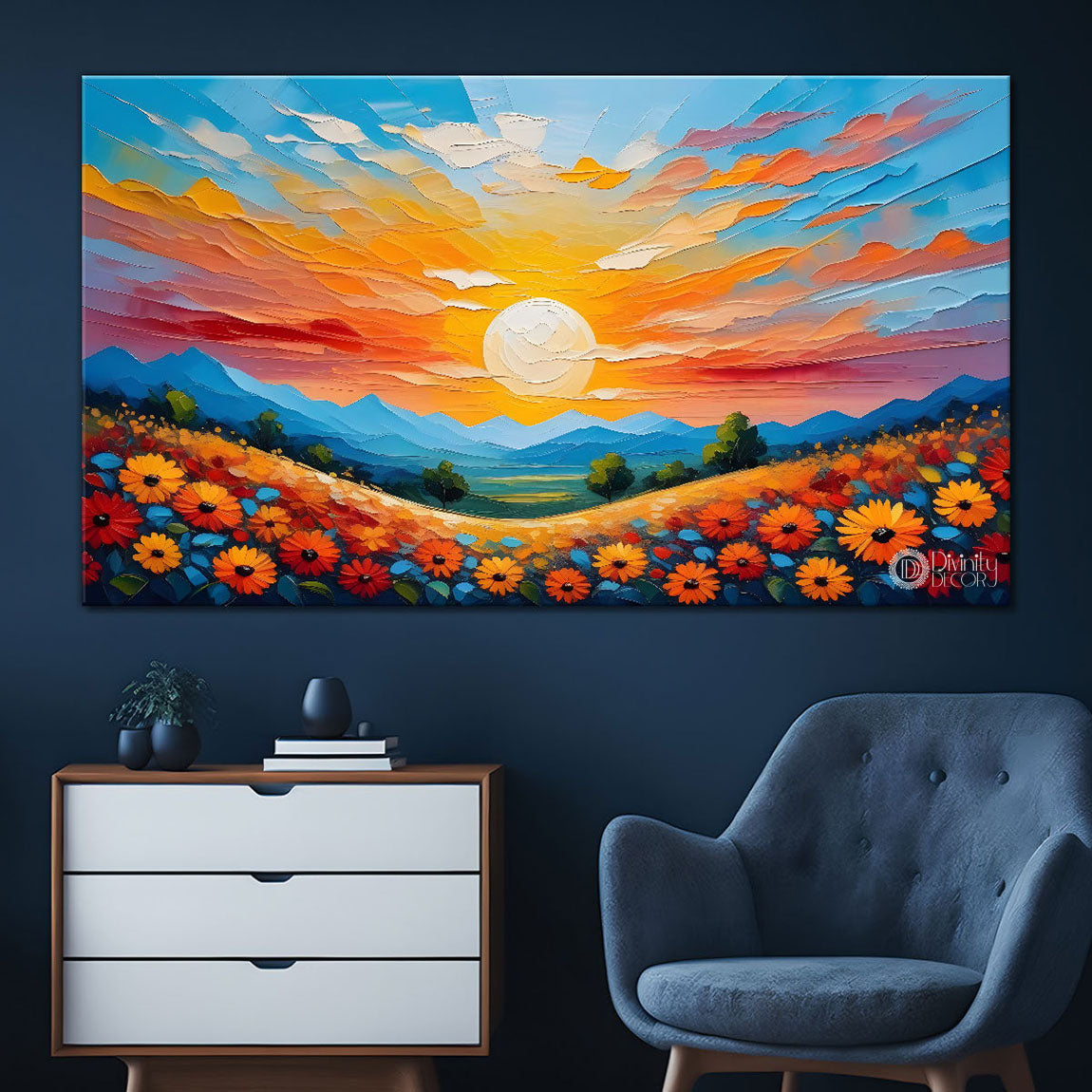 Mountains with flowers and sunset painting Canvas Painting - Nature Art -371