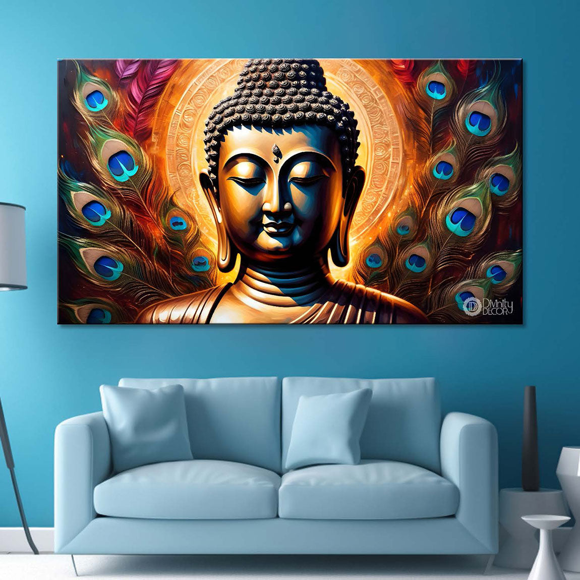 Golden buddha with peacock feather and orange textured background painting Canvas Wall Painting - Buddha-372