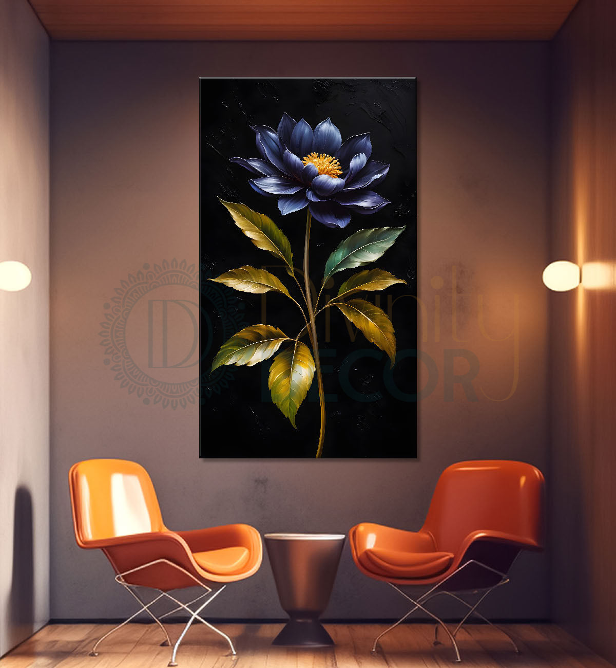 Navy blue flowers in dark textured background painting- Flower-V-372