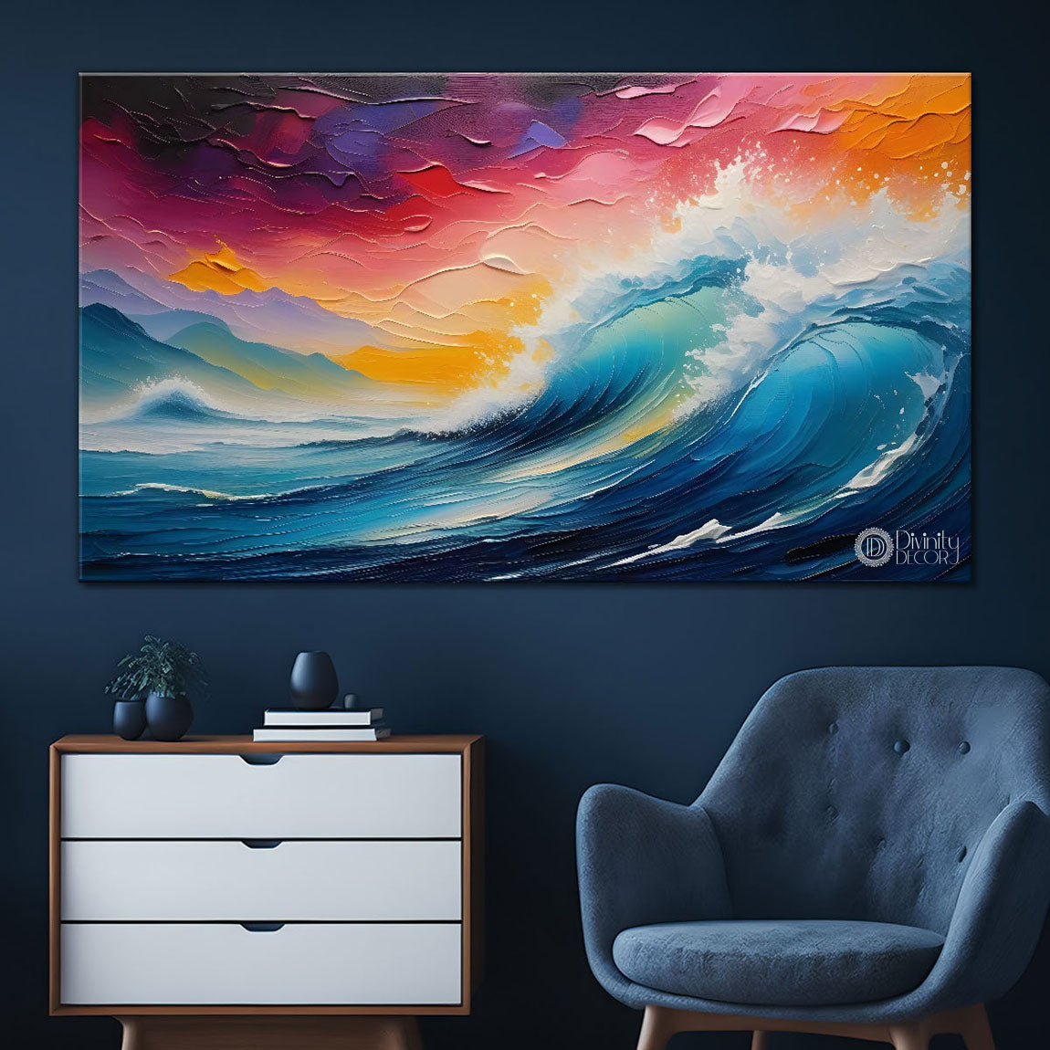 Waves with sunset painting Canvas Painting - Nature Art -372