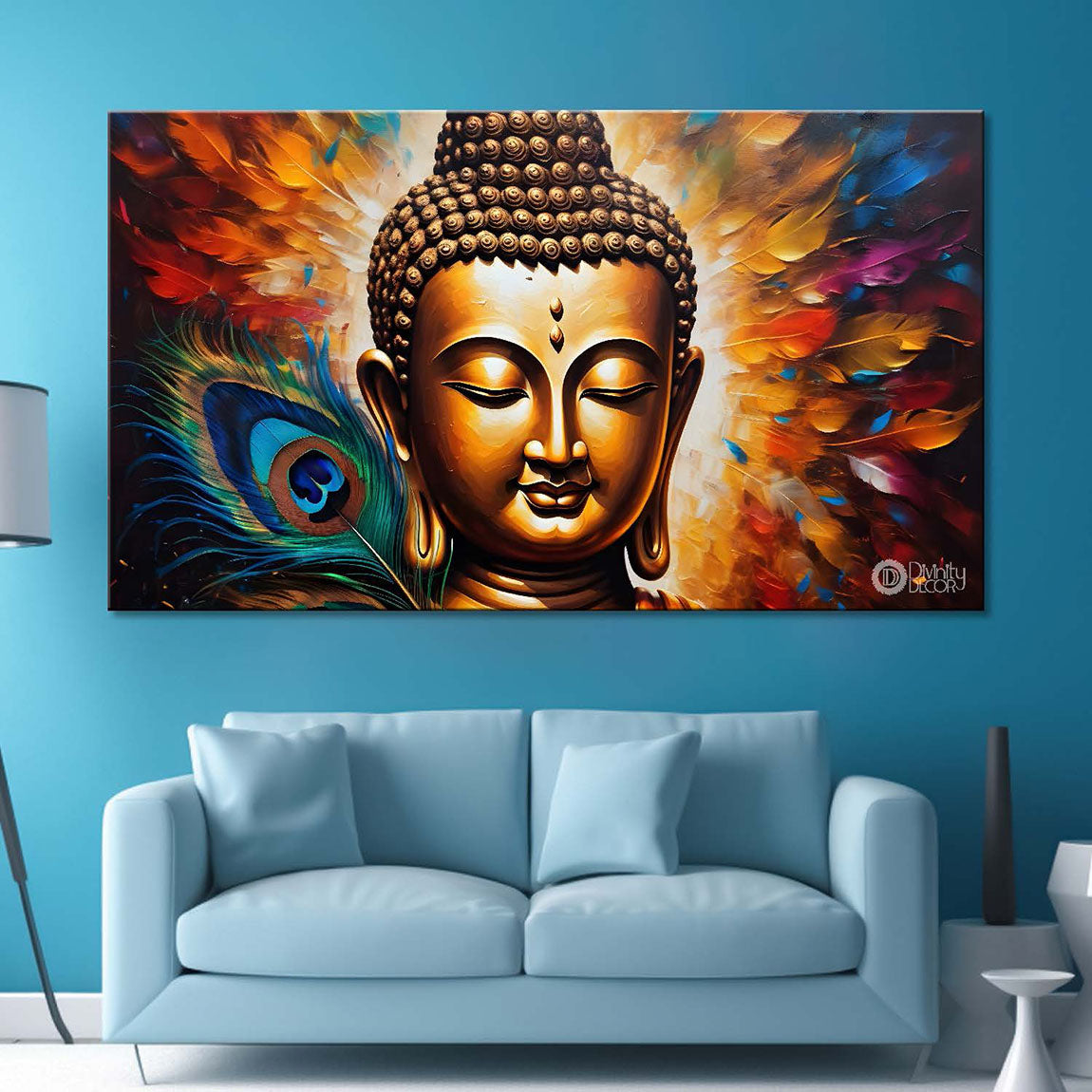 Golden buddha with peacock feather and orange textured background painting Canvas Wall Painting - Buddha-373