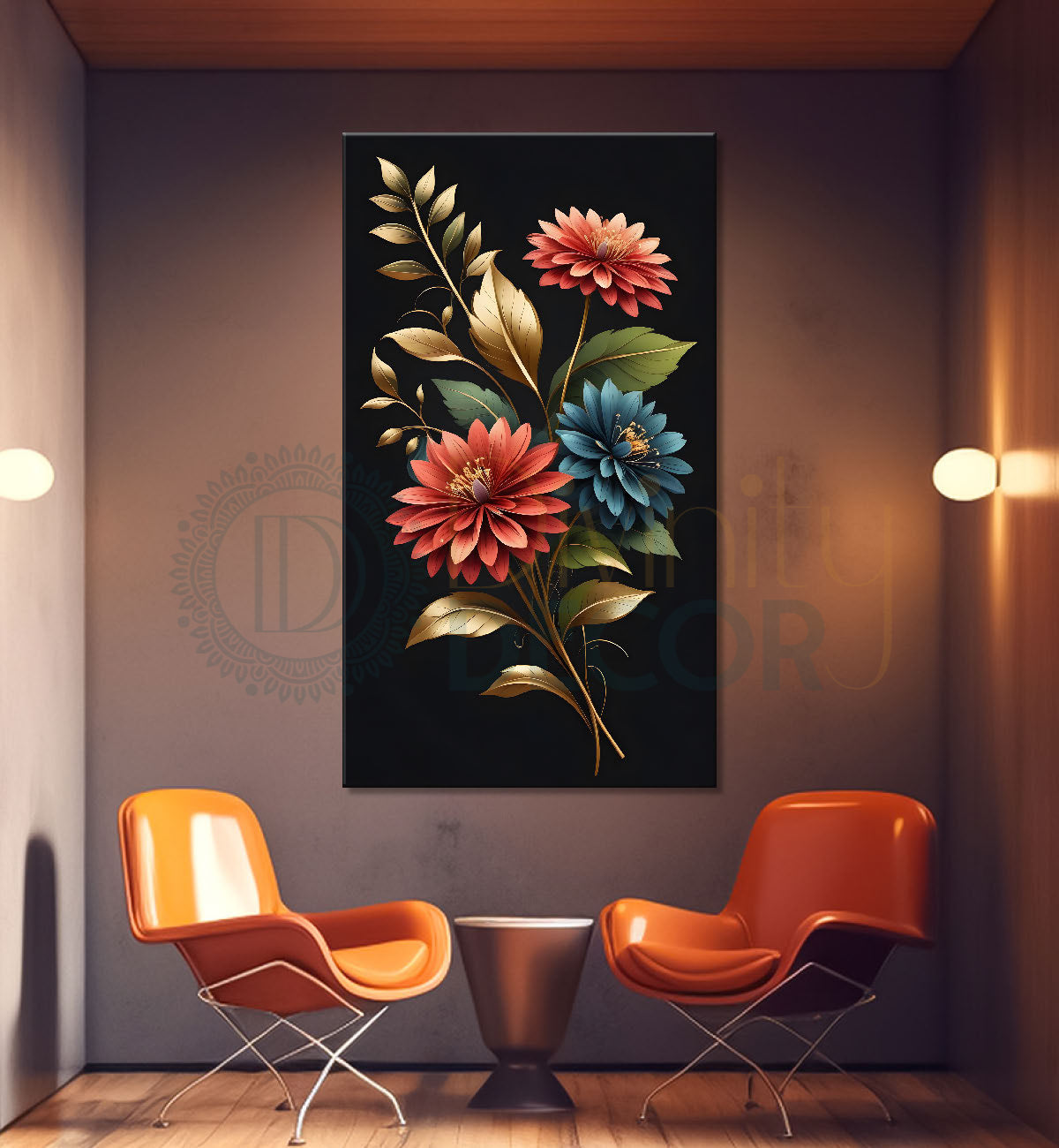 Red flowers in dark textured background painting- Flower-V-373