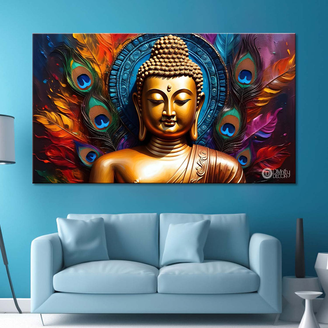 Golden buddha with peacock feather and orange textured background painting Canvas Wall Painting - Buddha-374