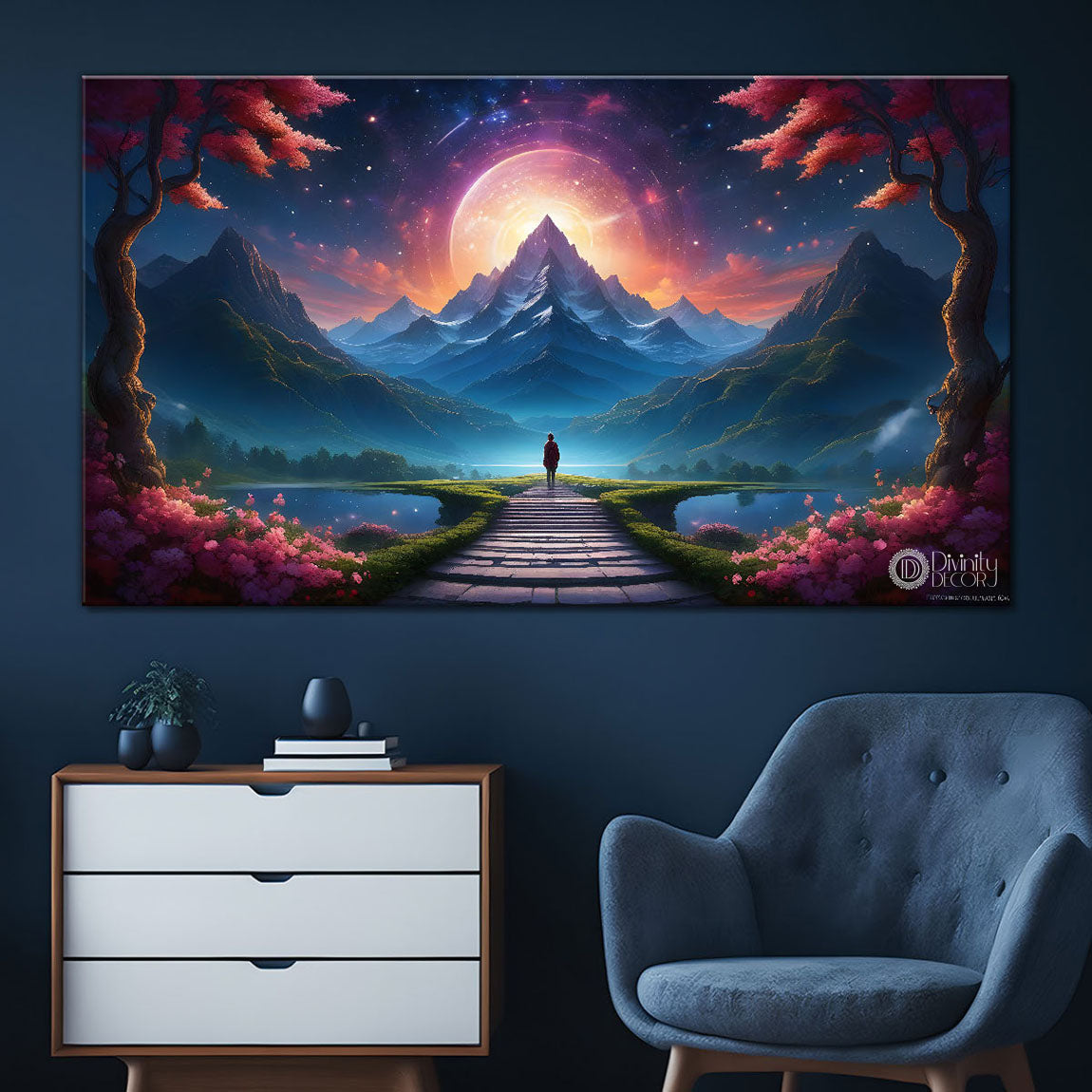 Mountains and trees in the night painting Canvas Painting - Nature Art -374