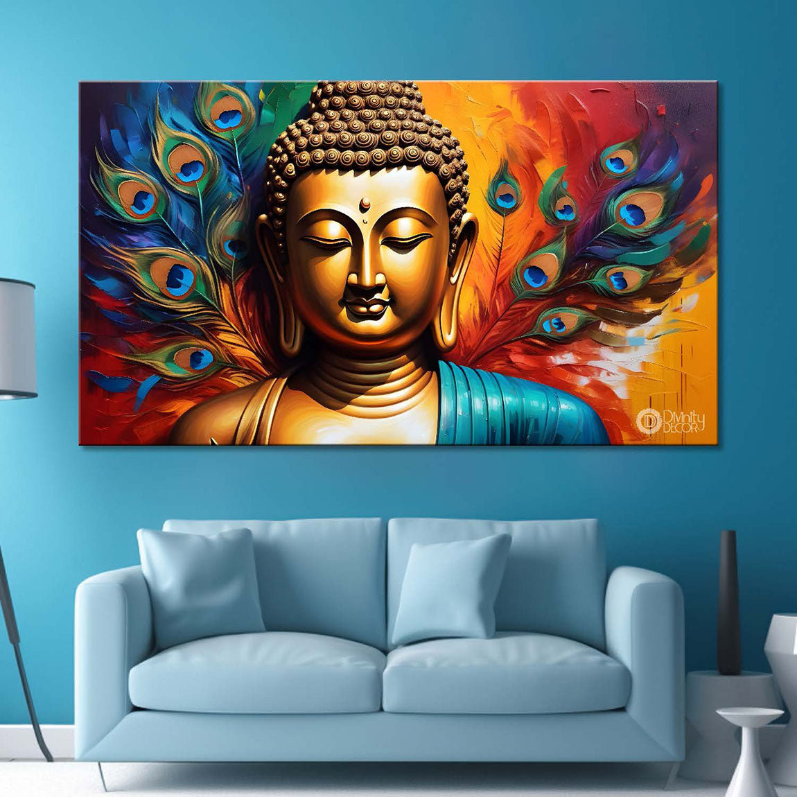 Golden buddha with peacock feather and orange textured background painting Canvas Wall Painting - Buddha-375