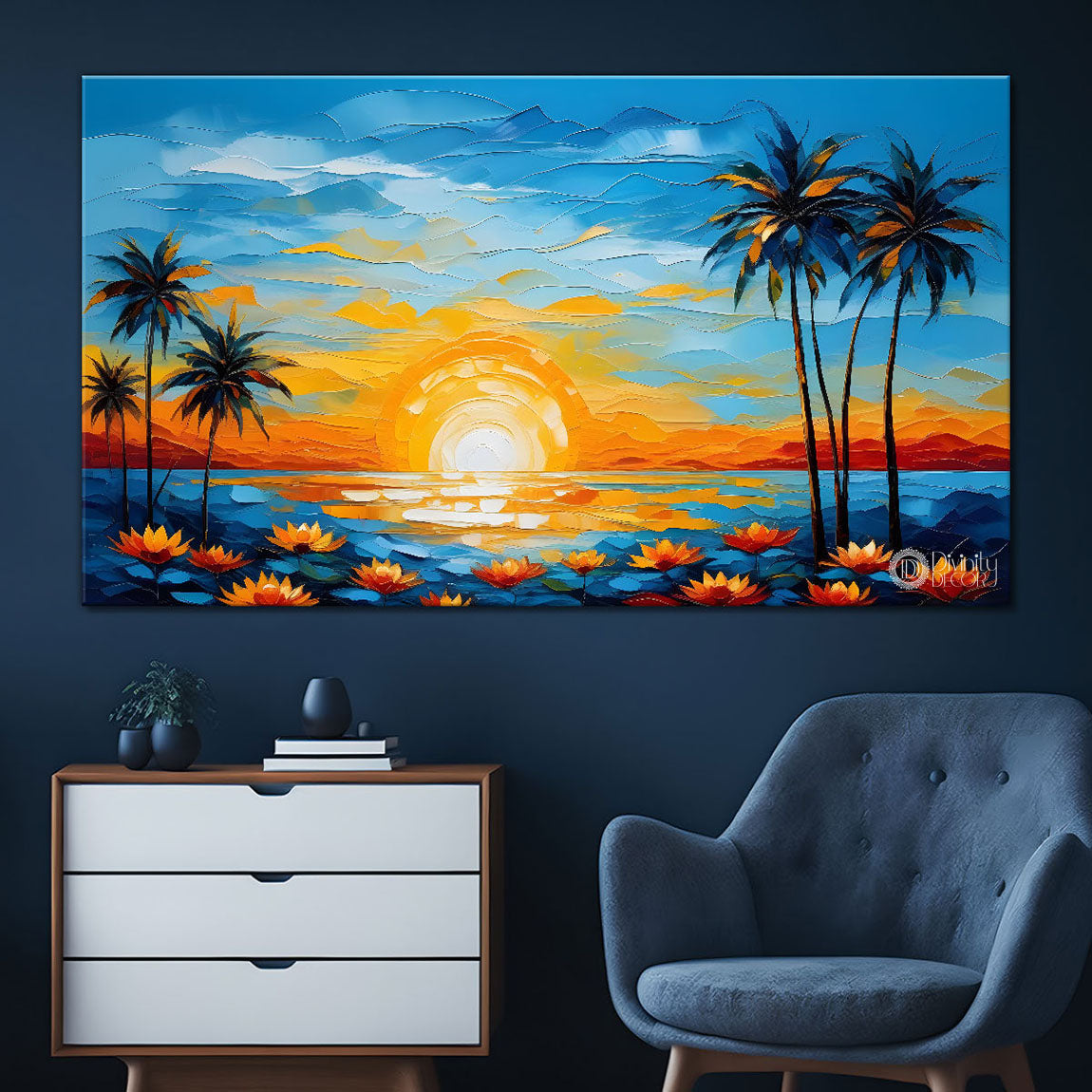 Sunrise with flowers painting Canvas Painting - Nature Art -375