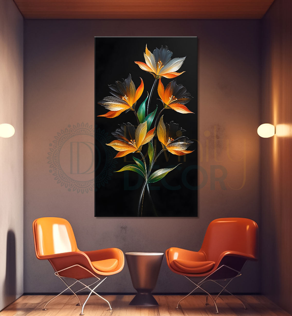 Orange flowers in dark textured background painting- Flower-V-375