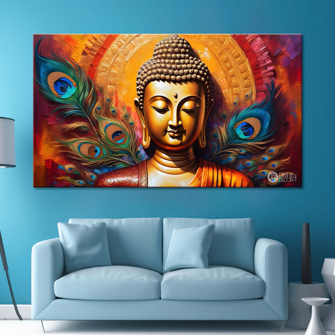 Golden buddha with peacock feather and orange textured background painting Canvas Wall Painting - Buddha-376