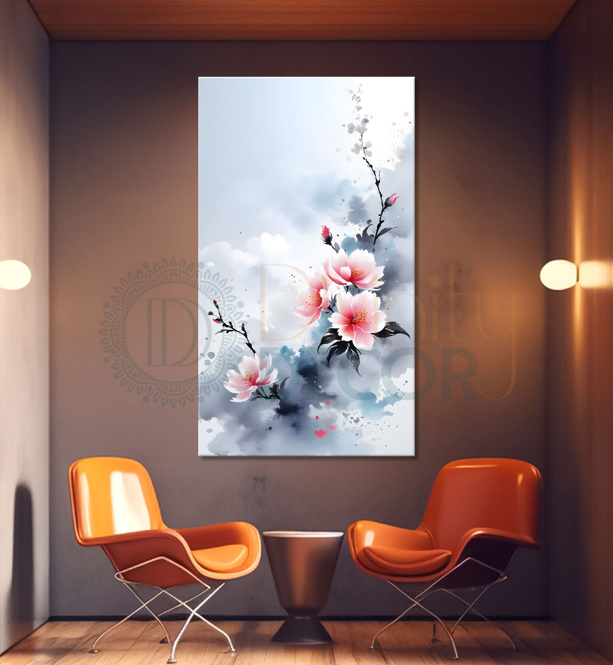 Pink flowers in sky blue textured background painting- Flower-V-376
