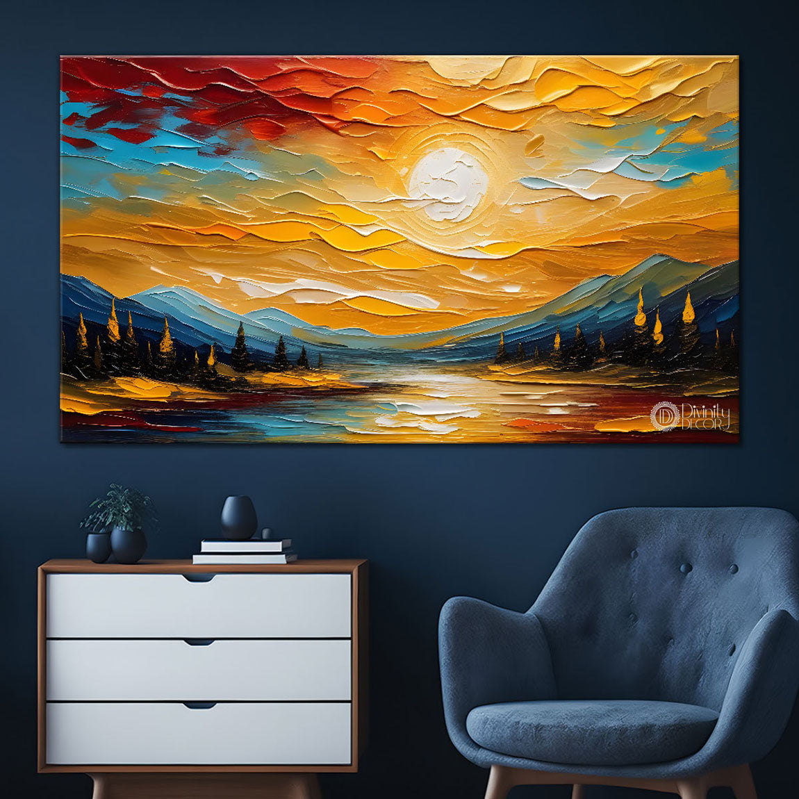 Mountains with sun in textured painting Canvas Painting - Nature Art -376