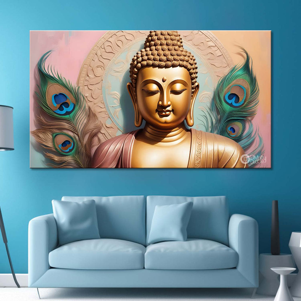 Golden buddha with peacock feather and light textured background painting Canvas Wall Painting - Buddha-377