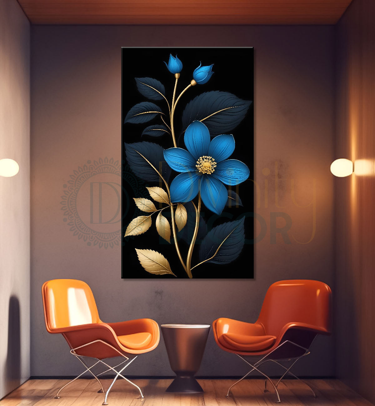 Blue flower in black textured painting- Flower-V-377
