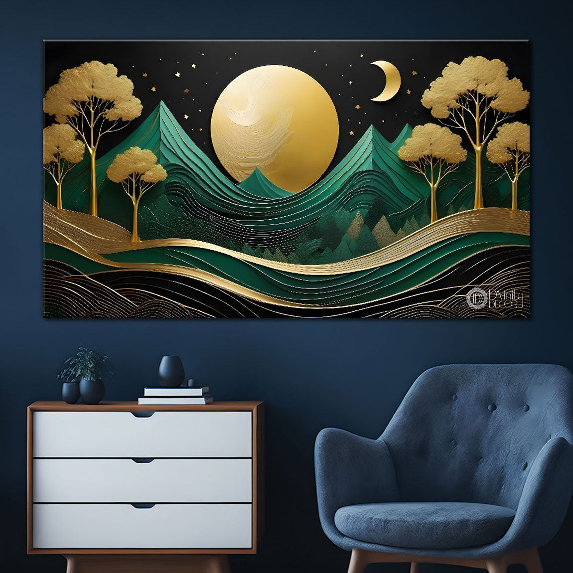 Green mountains with golden moon and trees Canvas Painting - Nature Art -377