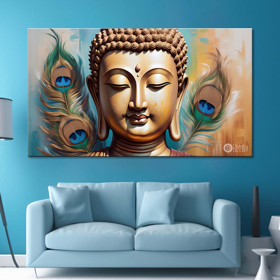 Golden buddha with peacock feather and light textured background painting Canvas Wall Painting - Buddha-378