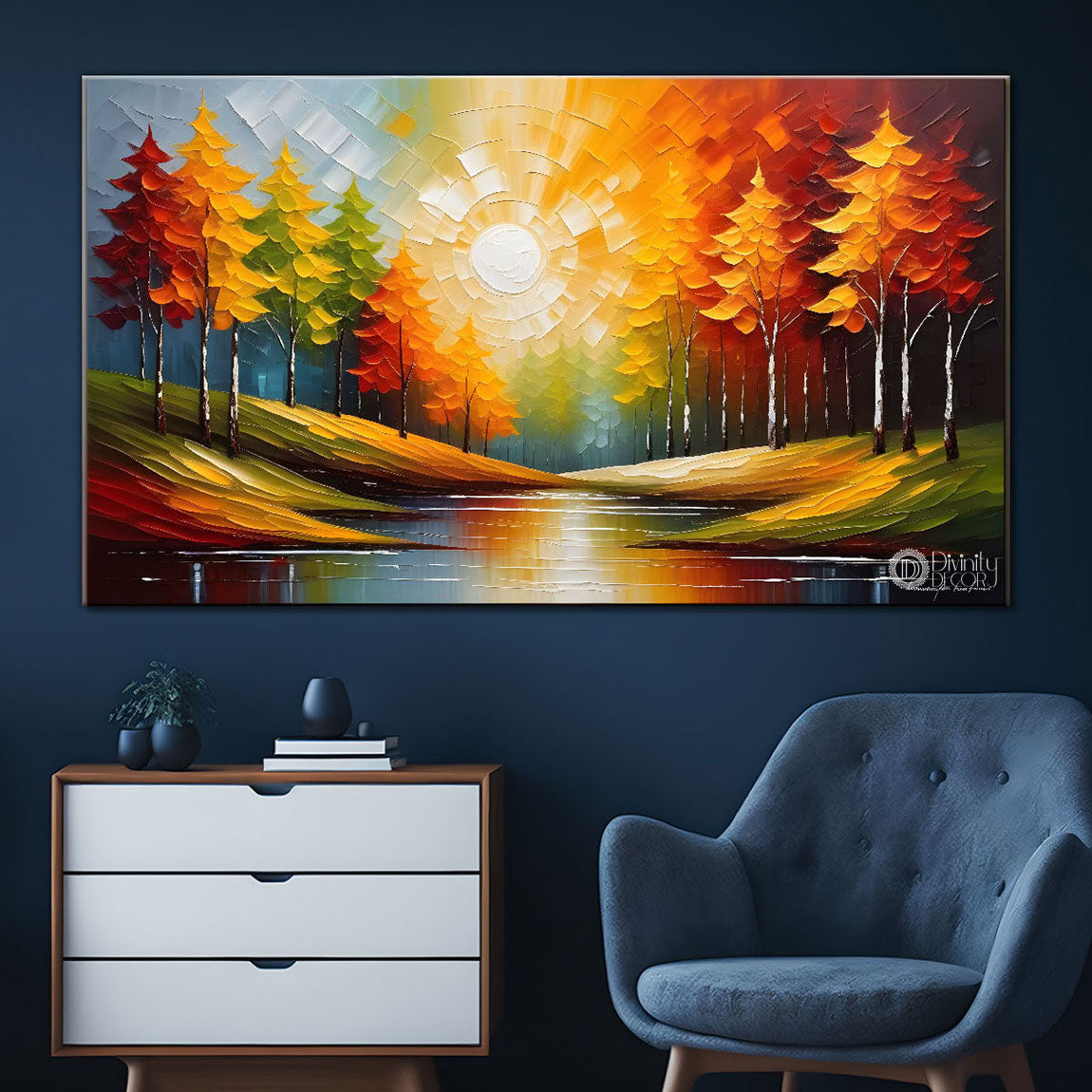 Colorful tree with river painting Canvas Painting - Nature Art -378