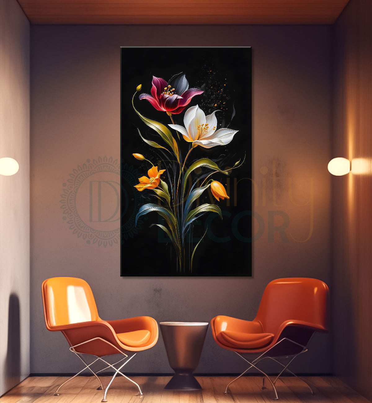 Colourful flowers in black textured background painting- Flower-V-378