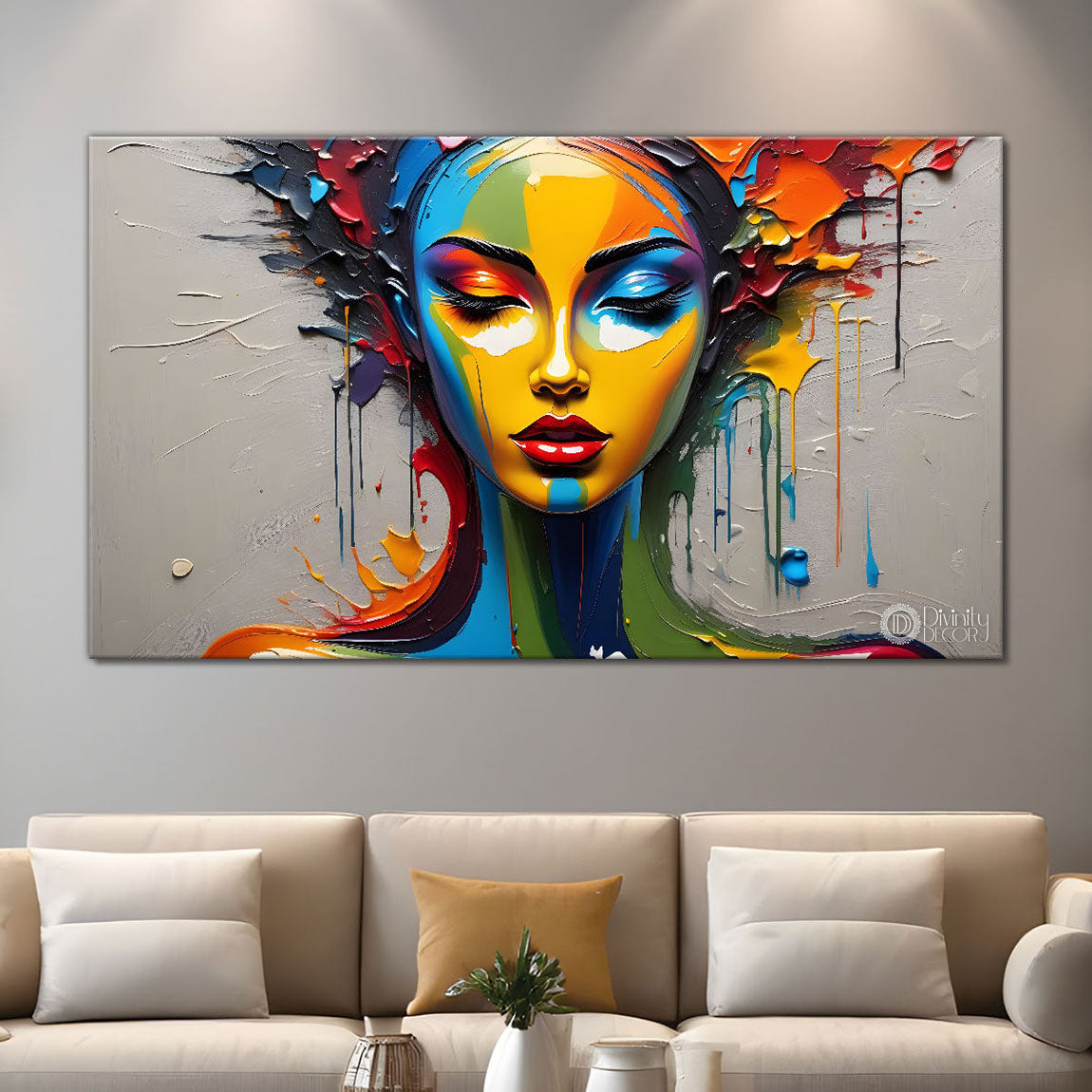 Beautiful woman with colorful background modern art Canvas Painting - Design - Modern-L-379