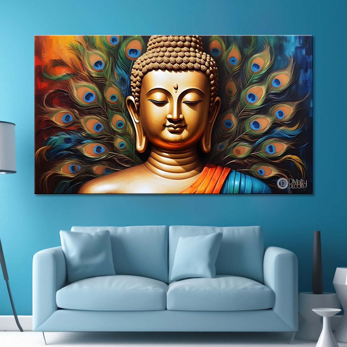 Golden buddha with peacock feather textured background painting Canvas Wall Painting - Buddha-379