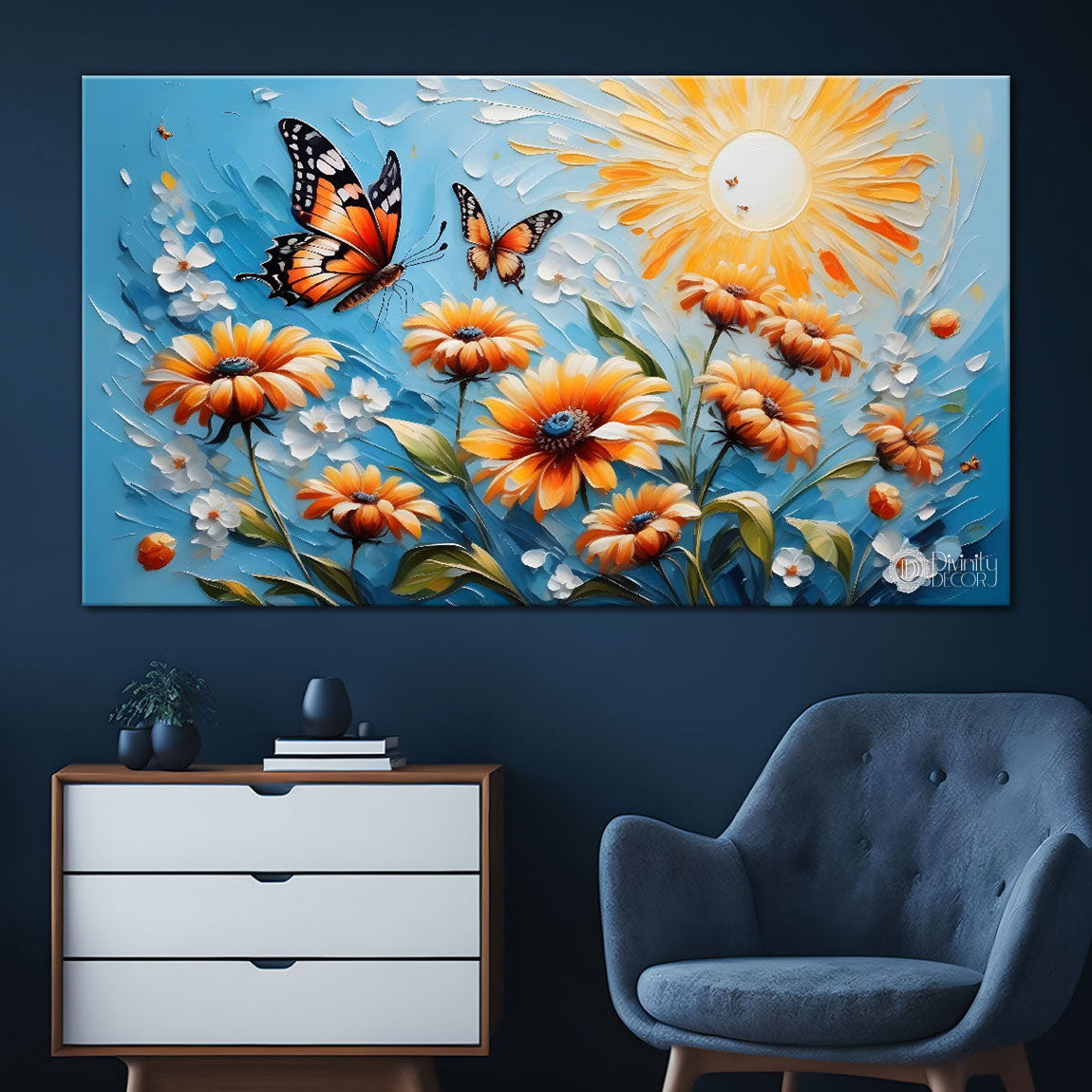 Flowers and butterfly textured art Canvas Painting - Nature Art -379