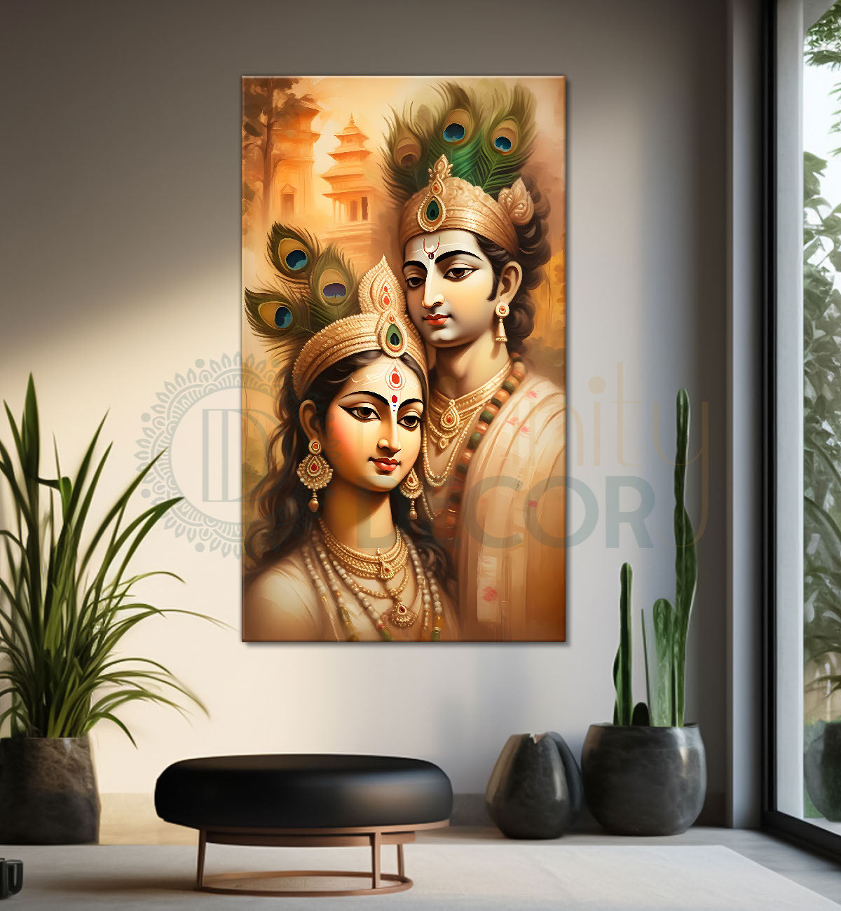 Krishna with radha in light brown background textured art Canvas Painting - Design - Krishna-V-37
