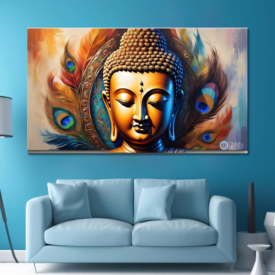 Golden buddha with peacock feather and orange textured background painting Canvas Wall Painting - Buddha-380