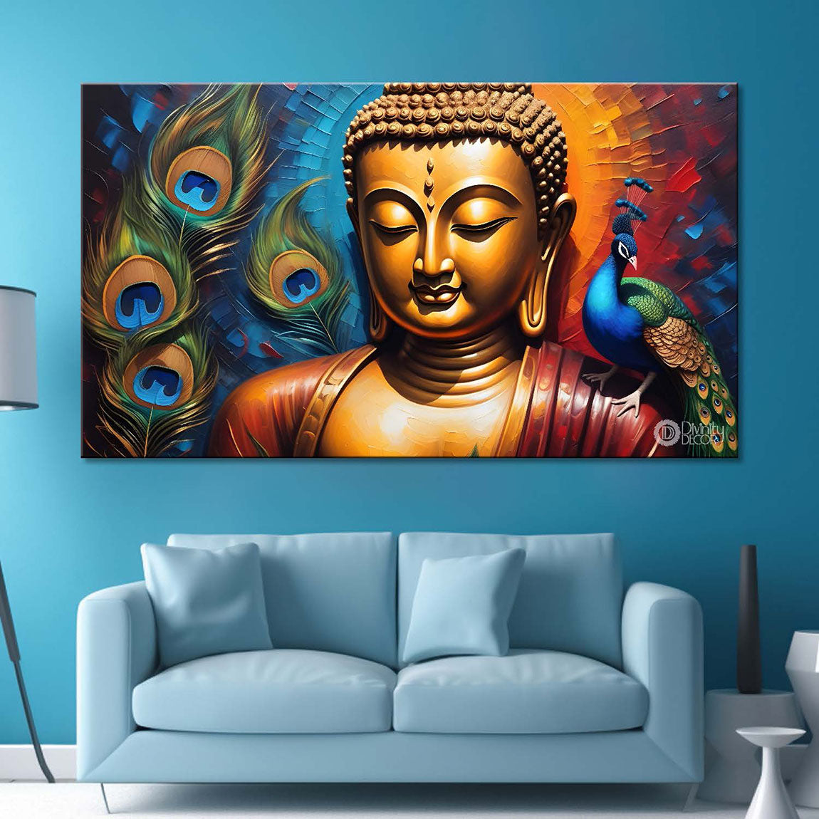 Golden buddha with peacock feather and orange textured background painting Canvas Wall Painting - Buddha-381