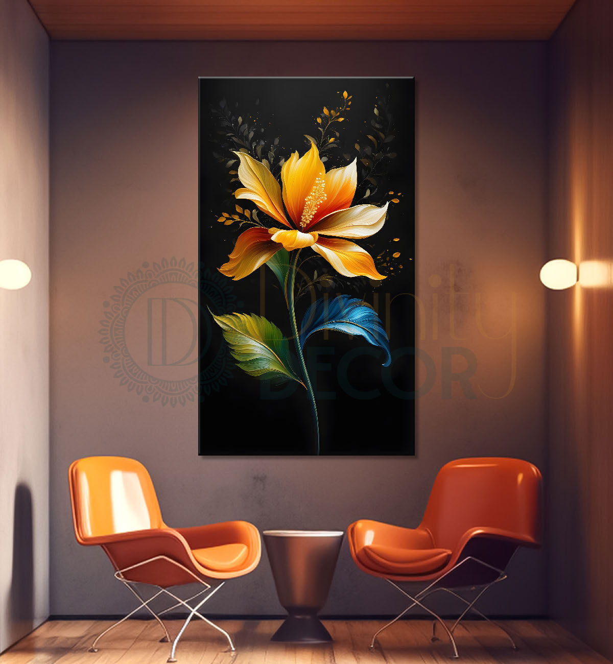 Yellow flower in dark textured painting- Flower-V-381