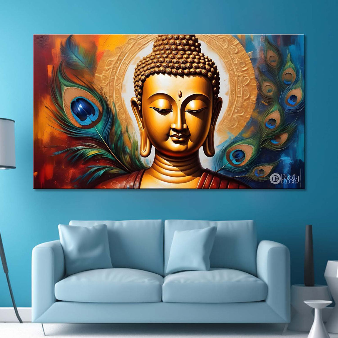 Golden buddha with peacock feather and orange textured background painting Canvas Wall Painting - Buddha-382