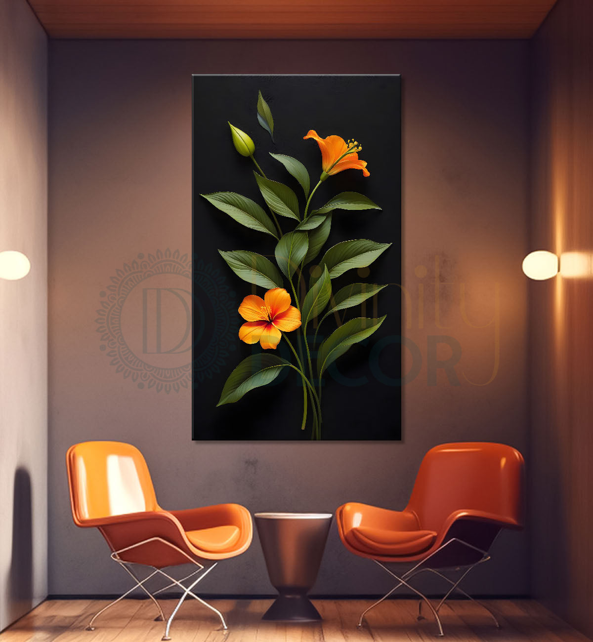 Orange flowers in dark textured painting- Flower-V-382