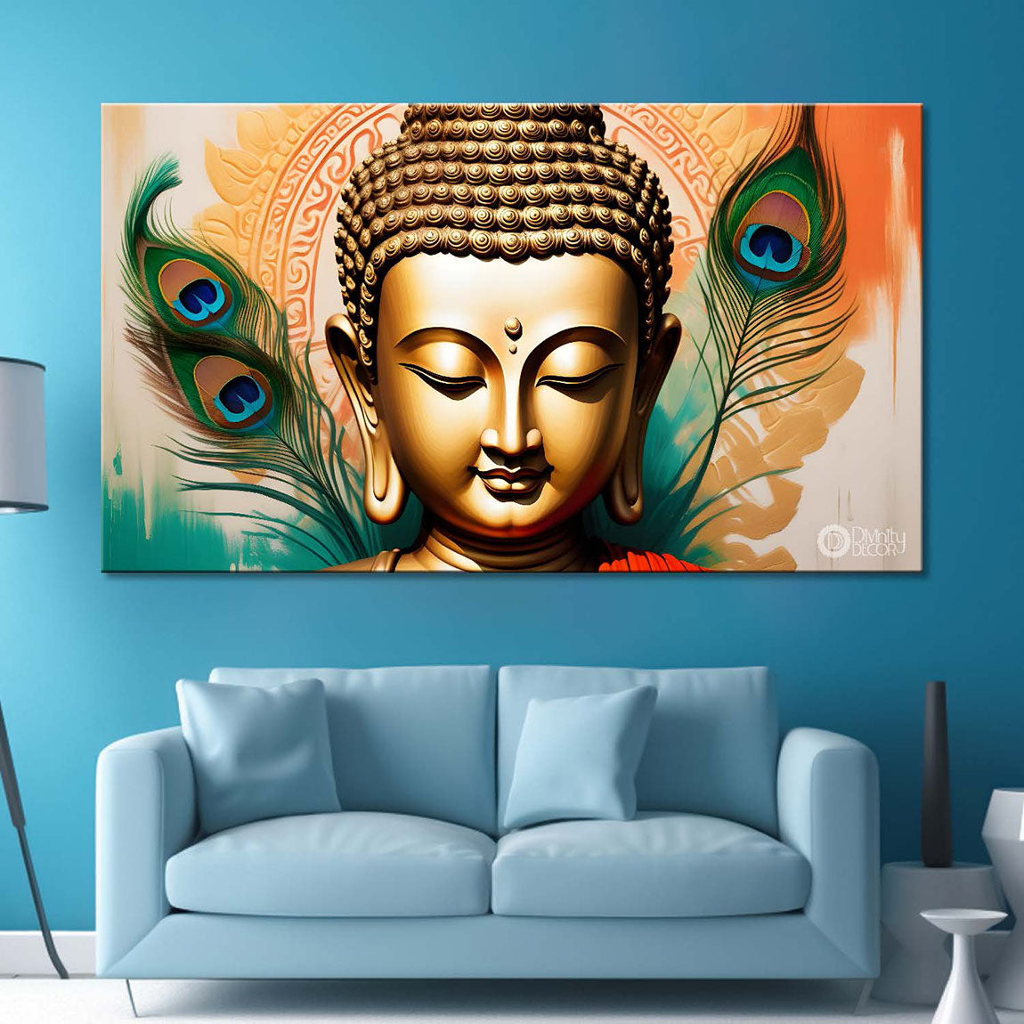 Golden buddha with peacock feather and yellow textured background painting Canvas Wall Painting - Buddha-383