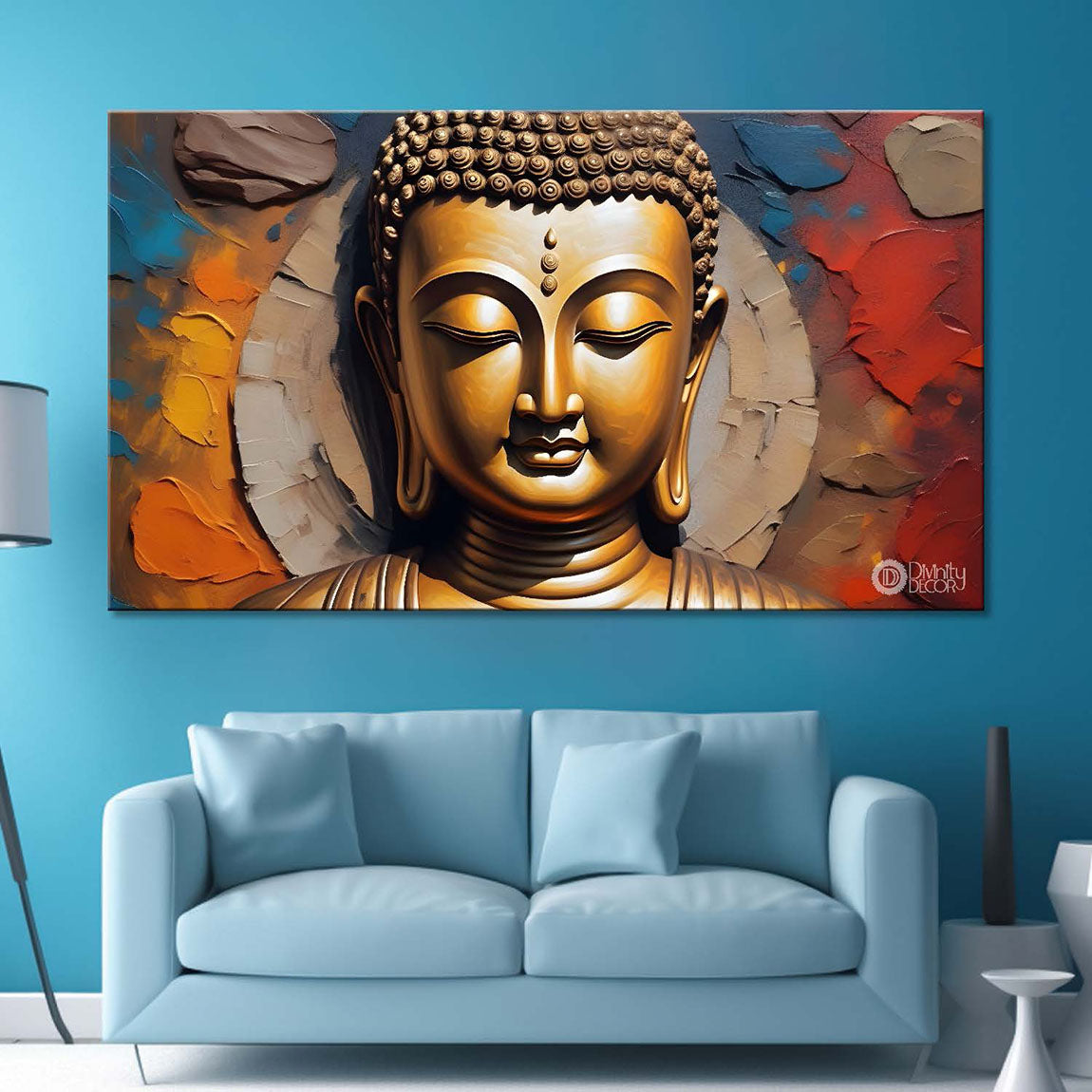 Golden buddha with  orange textured background painting Canvas Wall Painting - Buddha-384