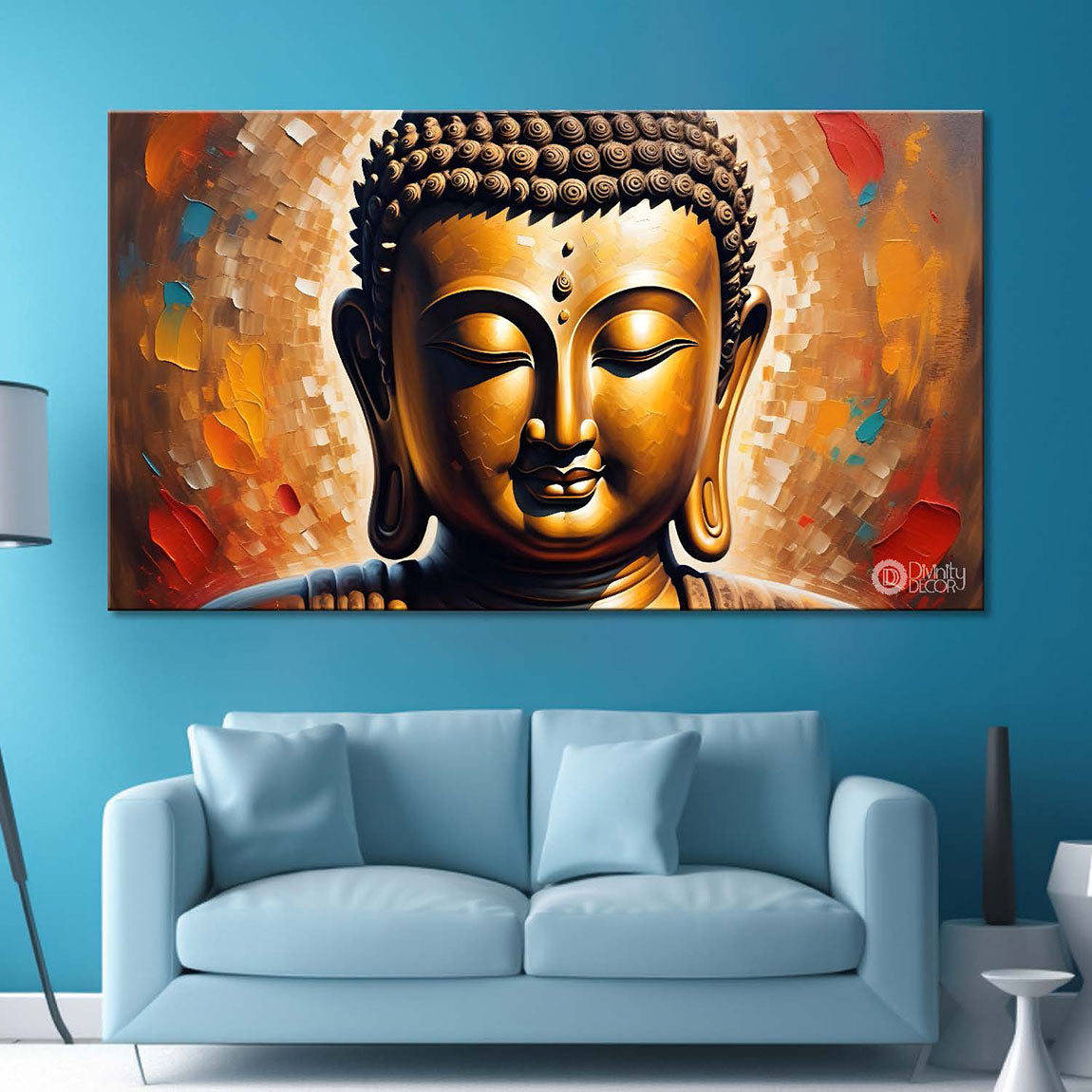 Golden buddha with  orange textured background painting Canvas Wall Painting - Buddha-385