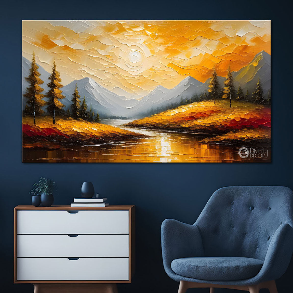 Mountains with tree and river painting Canvas Painting - Nature Art -385