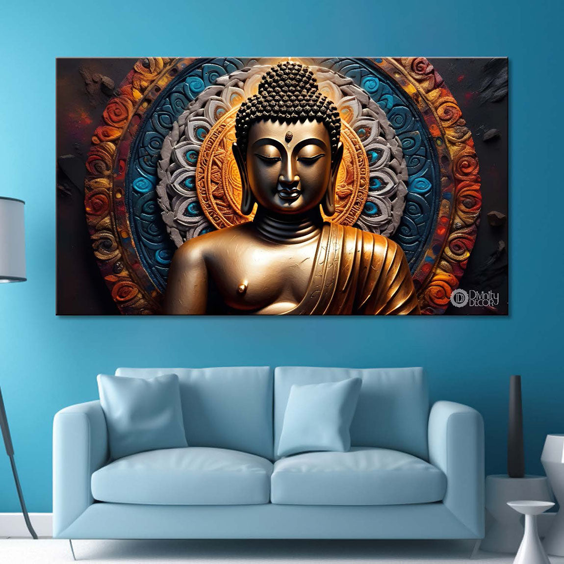 Golden buddha with dark textured background painting Canvas Wall Painting - Buddha-386